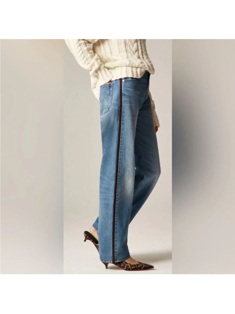 J. Crew Relaxed Straight-Leg Jeans in Mid Blue with Suade Stripe